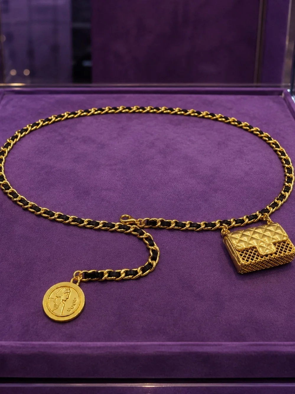 Black and Gold Chain Waist Belt with Mini Bag Charm